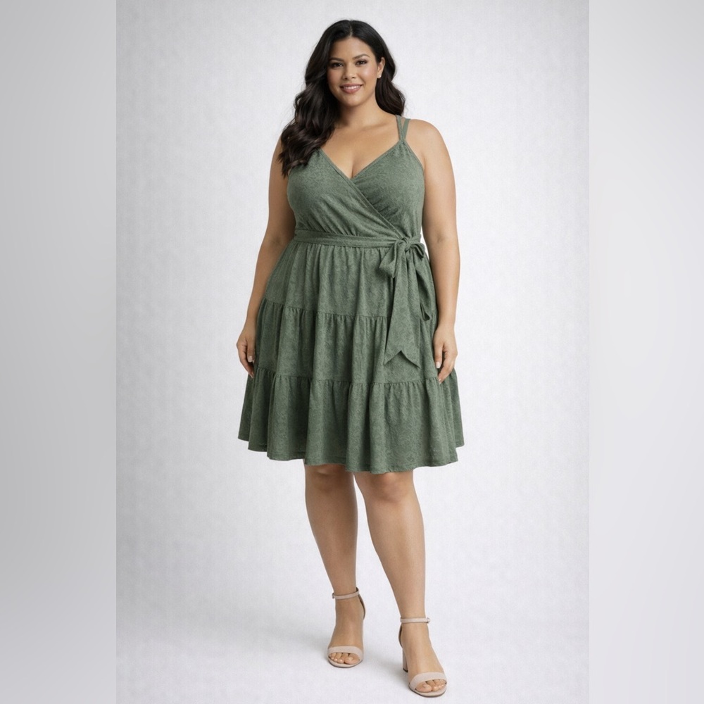 VIBE Green Tiered Wrap Sundress with Tie Front, Size 2X